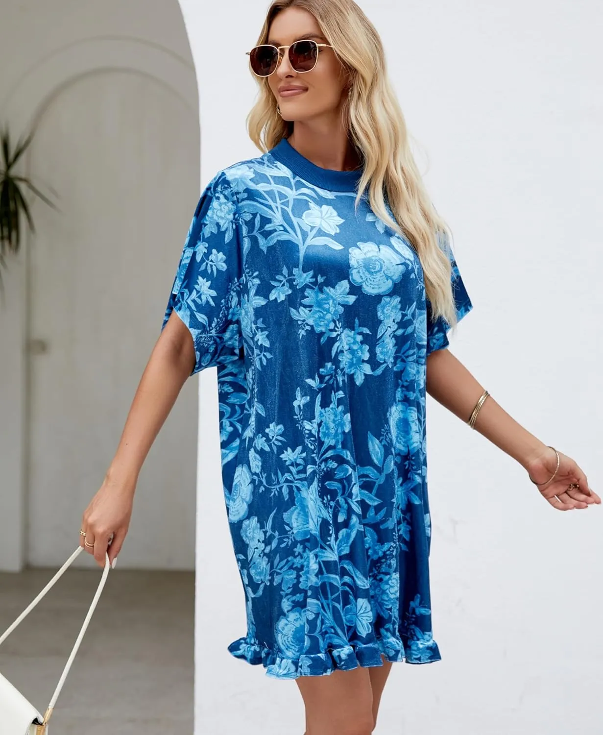 Women's Vintage Velvet Dress Round Neck Short Sleeve Floral Printed Mini Flowy Dress