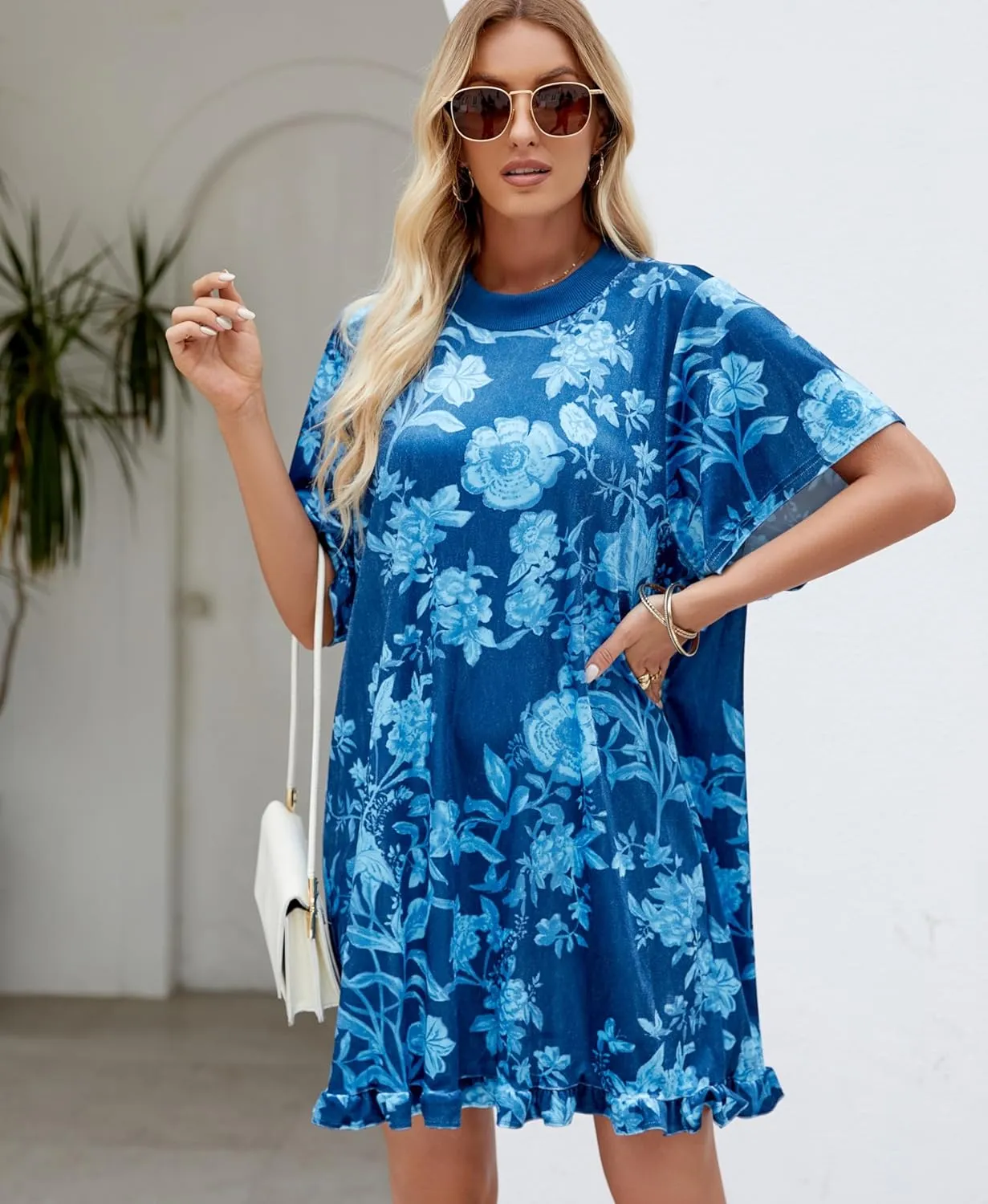 Women's Vintage Velvet Dress Round Neck Short Sleeve Floral Printed Mini Flowy Dress