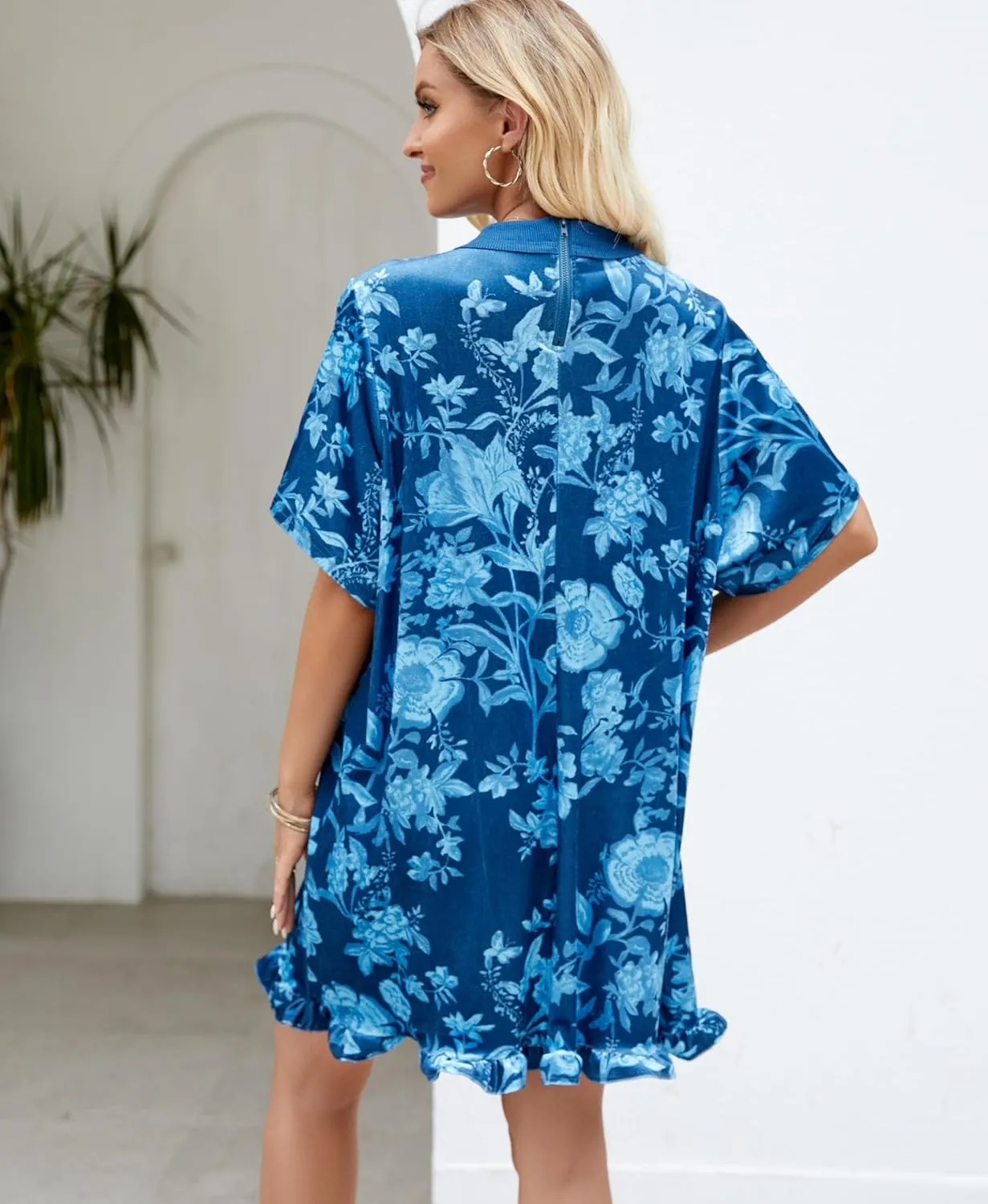 Women's Vintage Velvet Dress Round Neck Short Sleeve Floral Printed Mini Flowy Dress