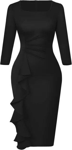 Womens Work Dresses Elegant Square Neck 3/4 Sleeve High Waist Bodycon Ruffle Vintage Church Pencil Midi Dress