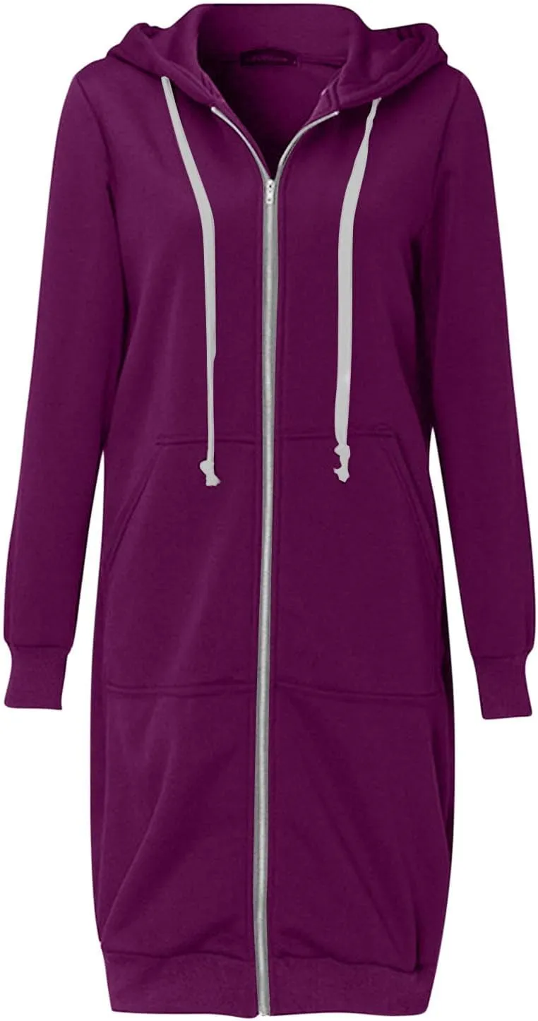 Womens Zip Up Hoodies Long Casual Drawstring Fleece Sweatshirt Lightweight Oversized Jackets Coat Fall Clothes