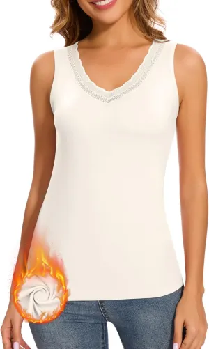 WOWENY Sleeveless Thermal Fleece Tank Top for Women V Neck Lace Tops Camisole Warm Base Layer Underwear Cold Weather