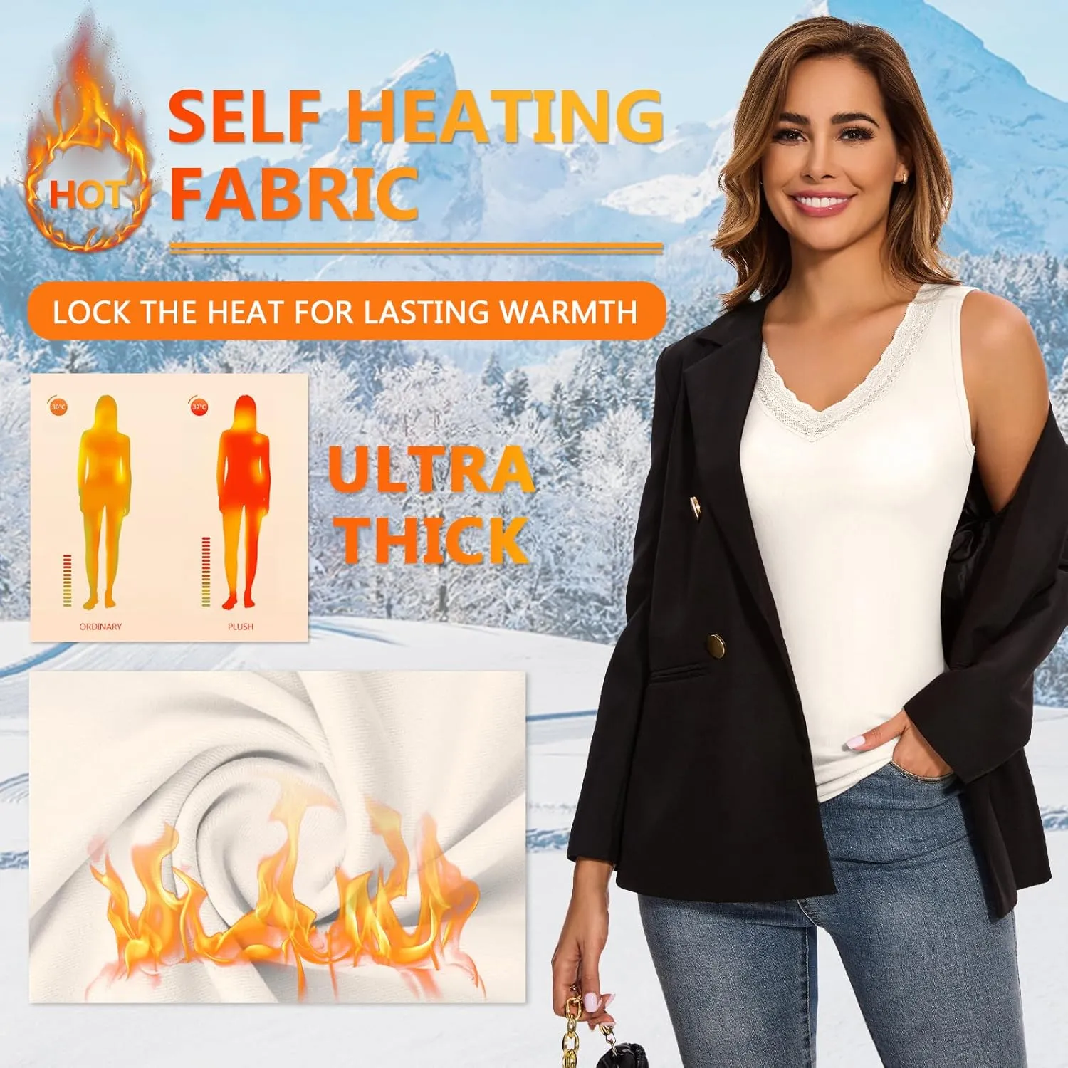 WOWENY Sleeveless Thermal Fleece Tank Top for Women V Neck Lace Tops Camisole Warm Base Layer Underwear Cold Weather