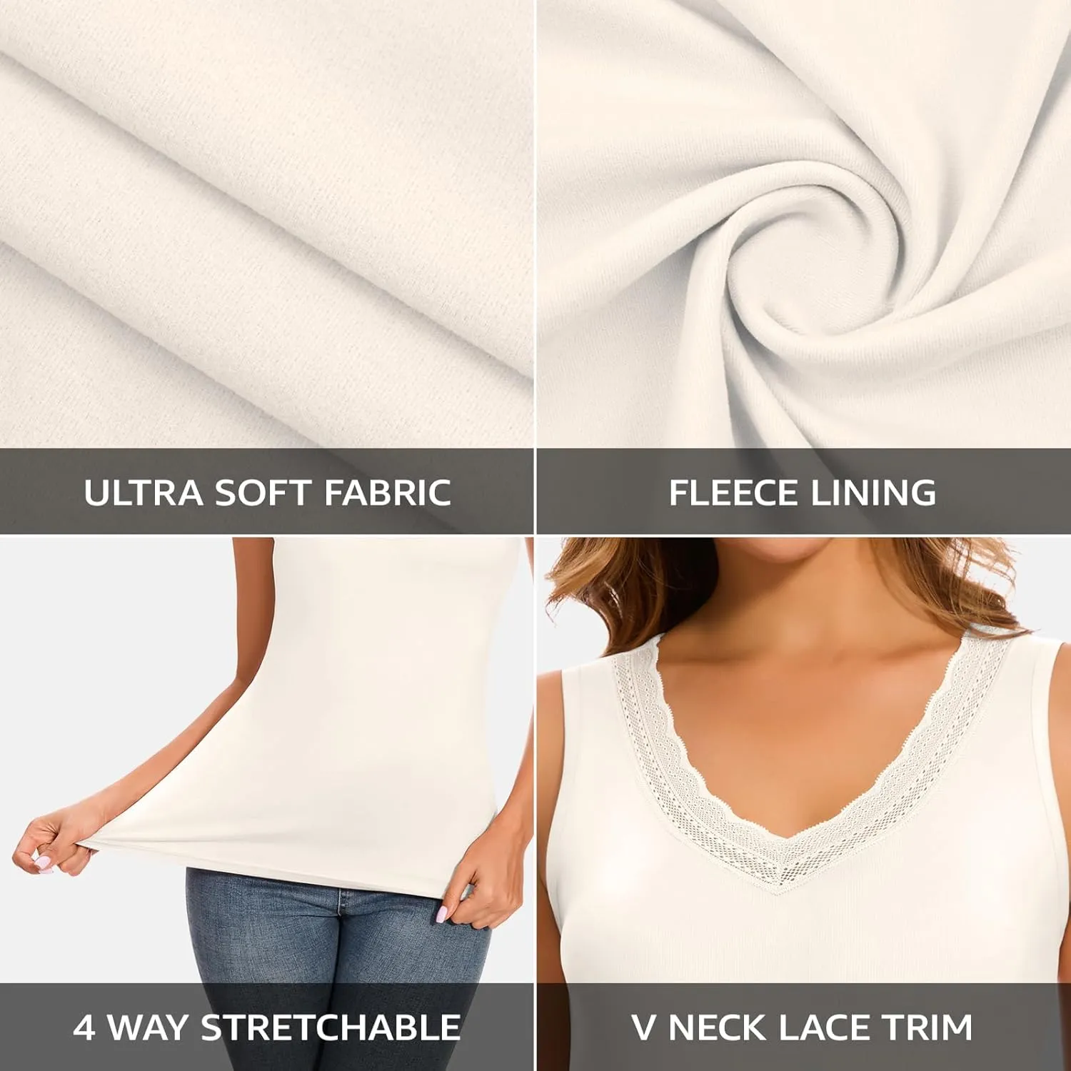WOWENY Sleeveless Thermal Fleece Tank Top for Women V Neck Lace Tops Camisole Warm Base Layer Underwear Cold Weather
