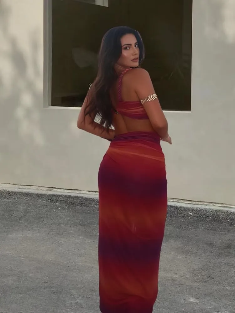 Wuitrie Womens Two Piece Skirt Sets Backless Top High Waist Maxi Skirt 2025 Summer Beach Sexy High Slit Dress Set