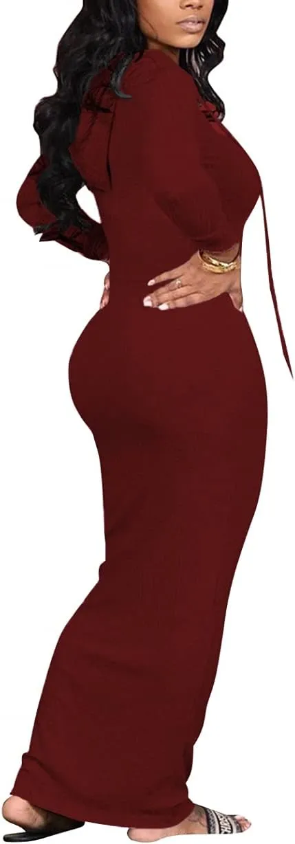 WUSENST Women's Maxi Dress Sexy Bodycon Long Sleeve Pullover Hoodie Casual Slim Sweatshirt