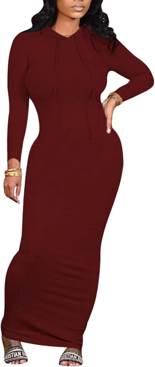WUSENST Women's Maxi Dress Sexy Bodycon Long Sleeve Pullover Hoodie Casual Slim Sweatshirt