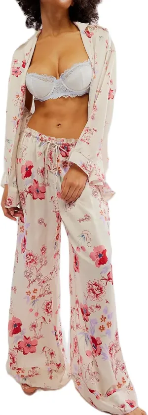 XBTCLXEBCO Silk Satin Pajamas Set Women Floral Print Long Sleeve Button Down Shirt Wide Leg Pants Y2K 2 Piece Pjs Lounge Set