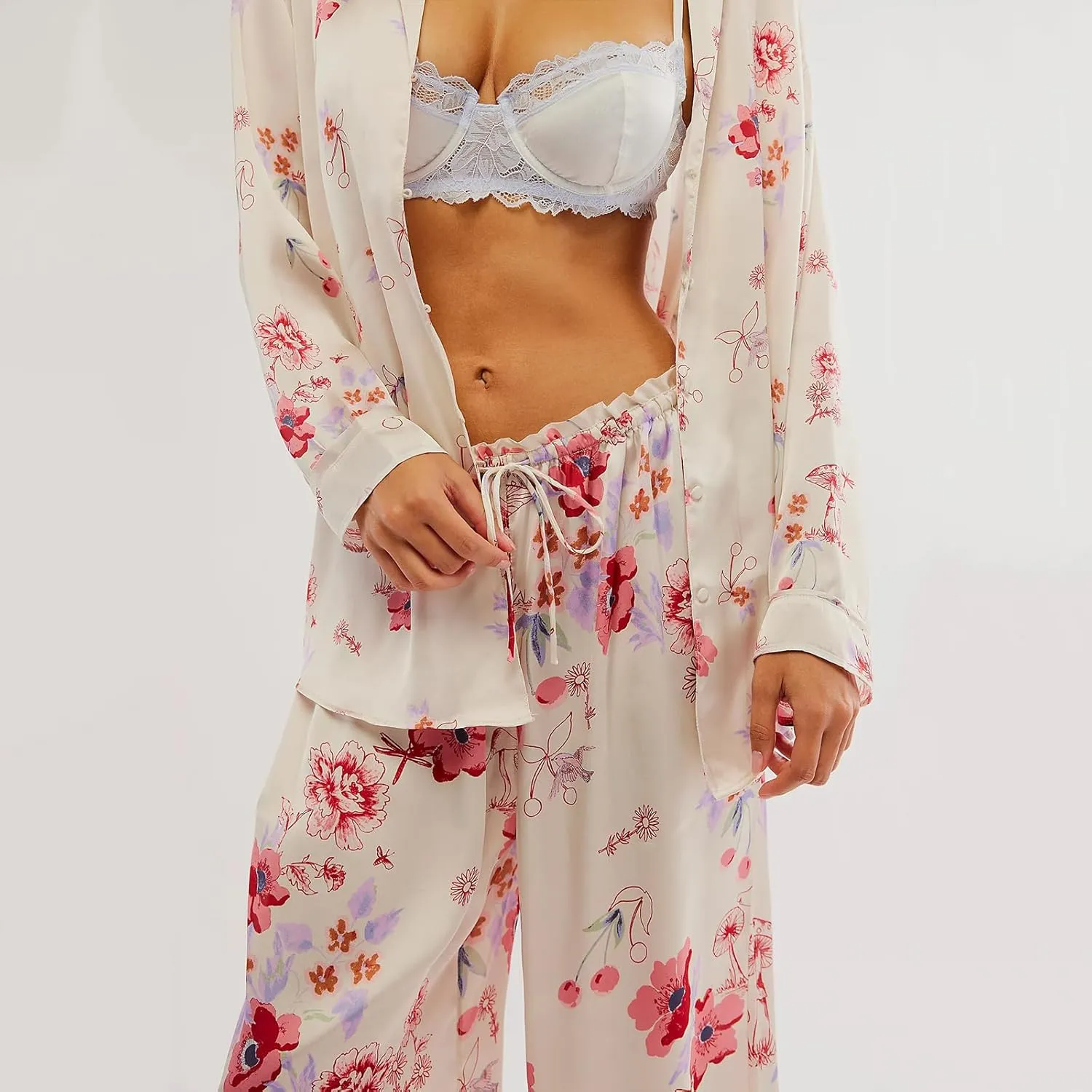 XBTCLXEBCO Silk Satin Pajamas Set Women Floral Print Long Sleeve Button Down Shirt Wide Leg Pants Y2K 2 Piece Pjs Lounge Set