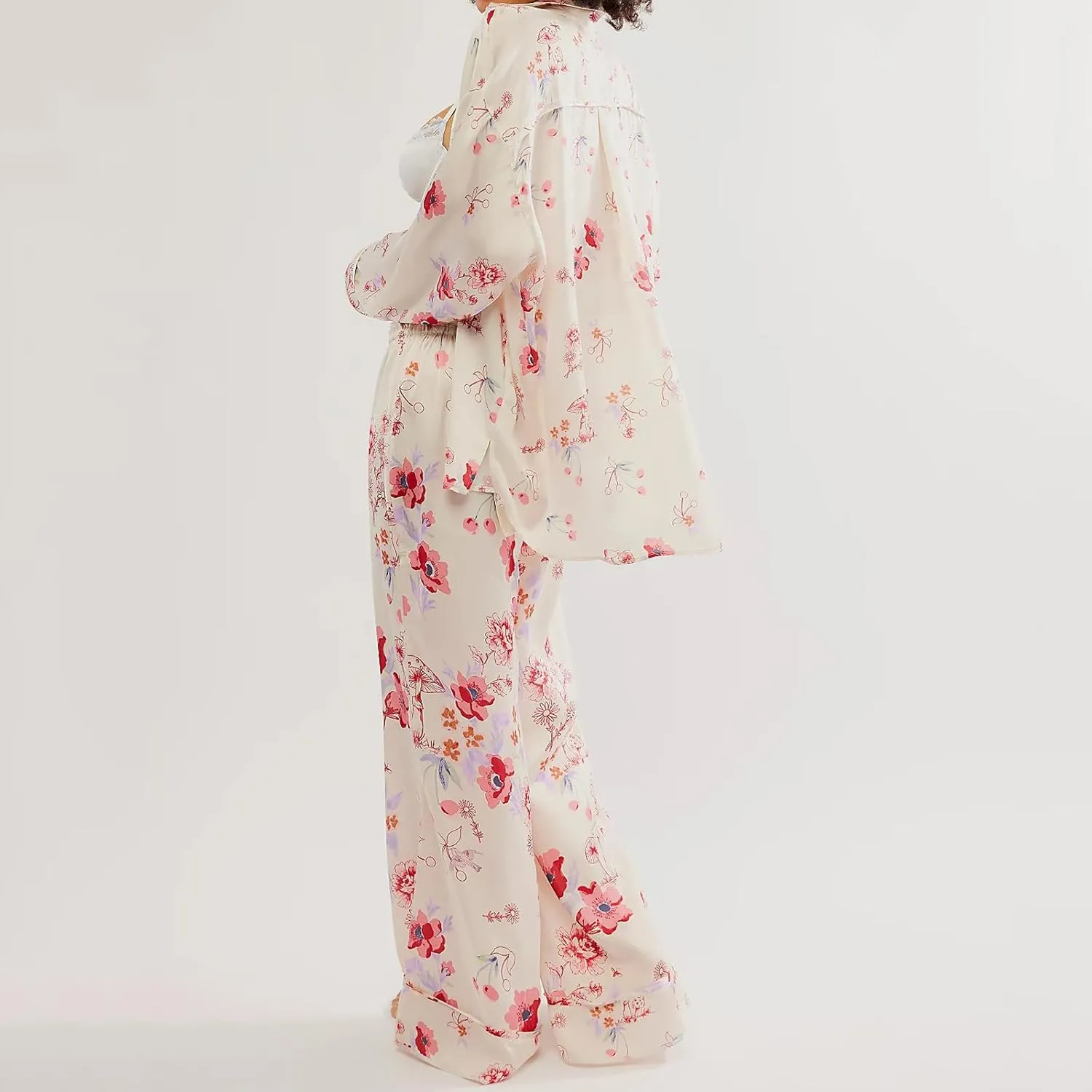 XBTCLXEBCO Silk Satin Pajamas Set Women Floral Print Long Sleeve Button Down Shirt Wide Leg Pants Y2K 2 Piece Pjs Lounge Set