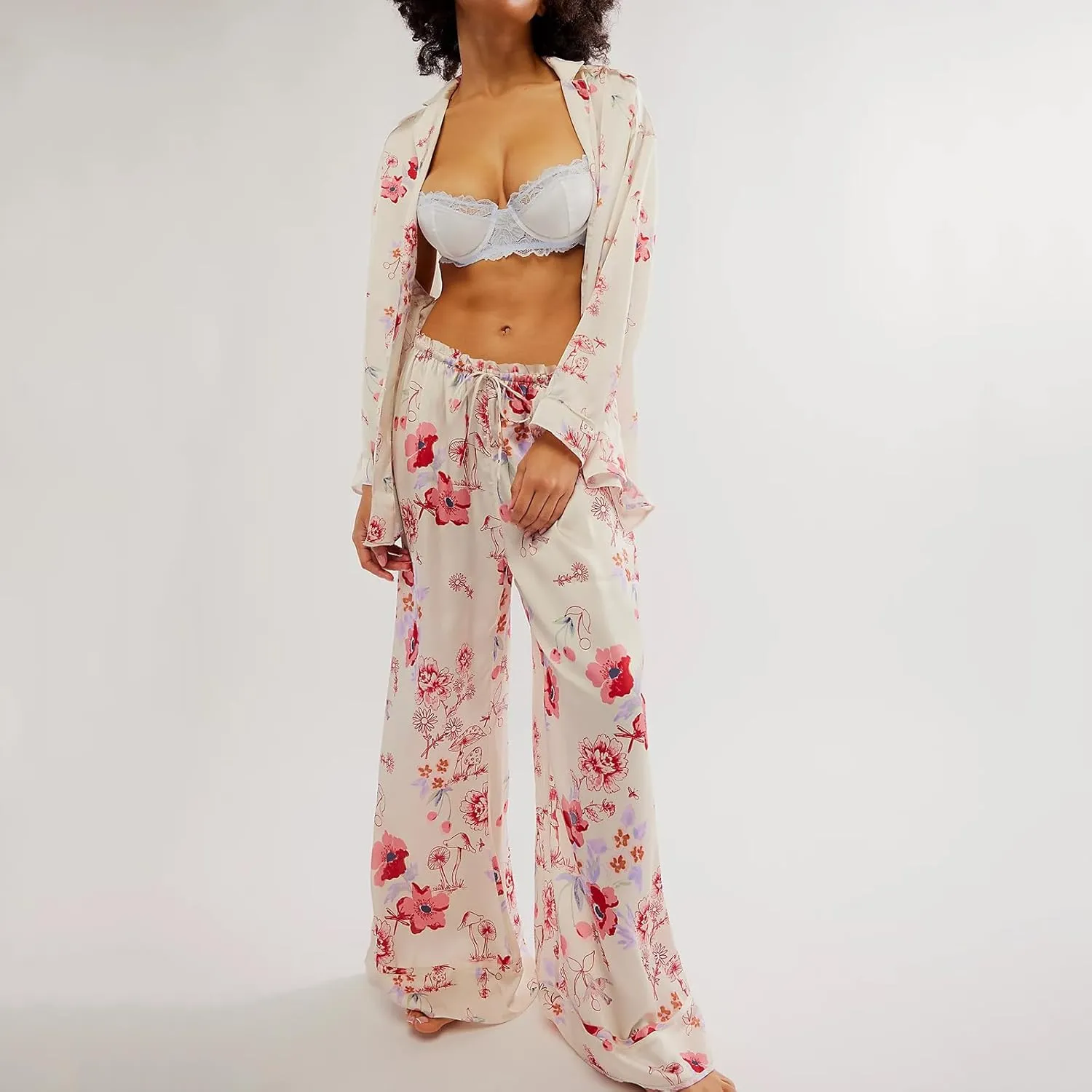 XBTCLXEBCO Silk Satin Pajamas Set Women Floral Print Long Sleeve Button Down Shirt Wide Leg Pants Y2K 2 Piece Pjs Lounge Set