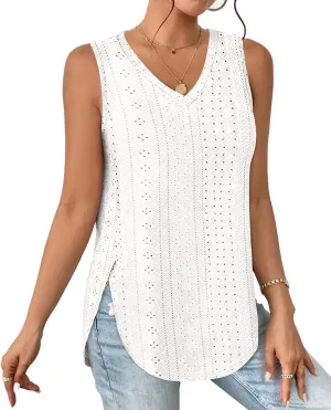 XIEERDUO Womens Tank Tops V Neck Eyelet Embroidery Casaul Sleeveless Shirts