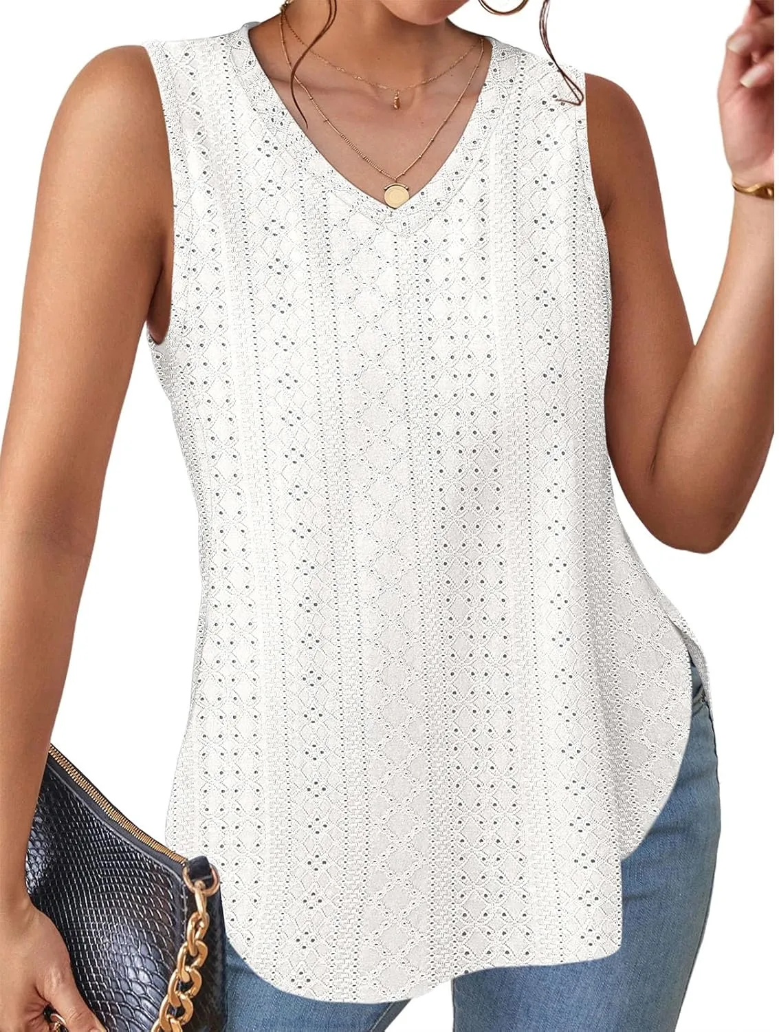 XIEERDUO Womens Tank Tops V Neck Eyelet Embroidery Casaul Sleeveless Shirts