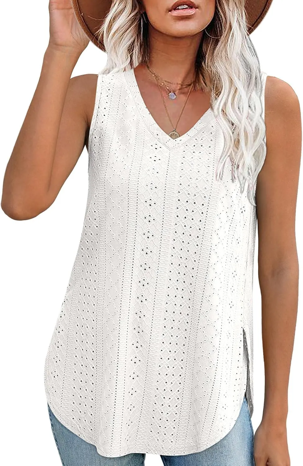 XIEERDUO Womens Tank Tops V Neck Eyelet Embroidery Casaul Sleeveless Shirts