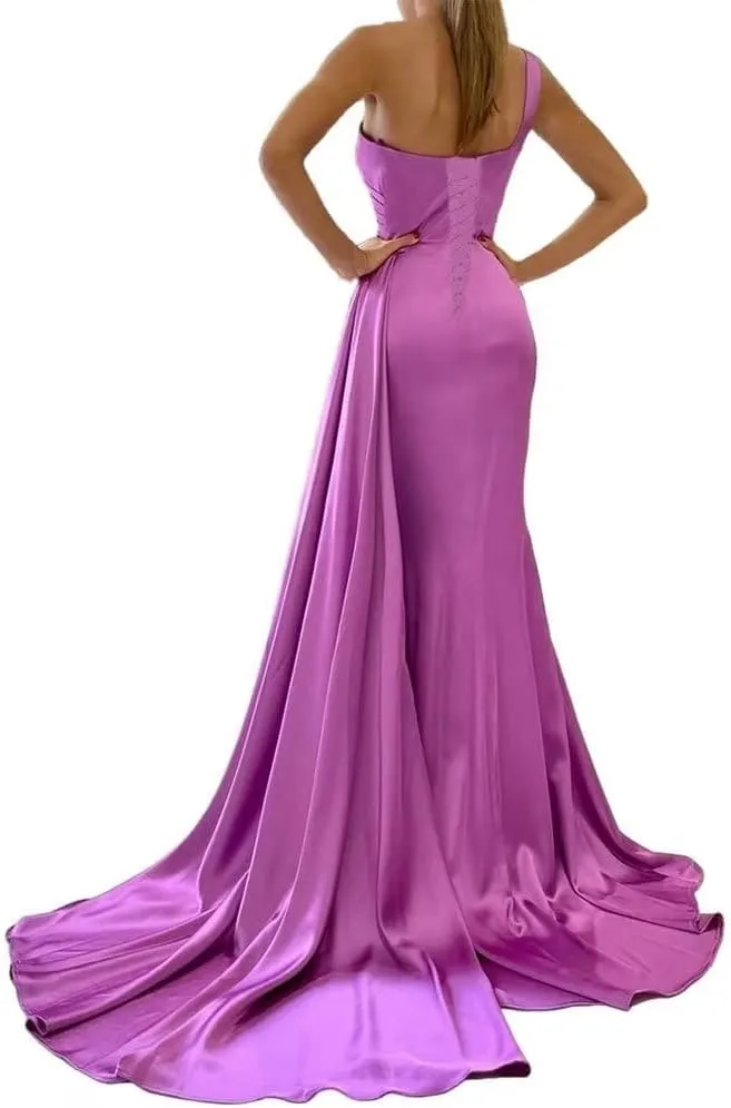 XYAYE Women's One Shoulder Mermaid Bridesmaid Dresses Satin Prom Dress Long Formal Evening Gowns with Train XY030