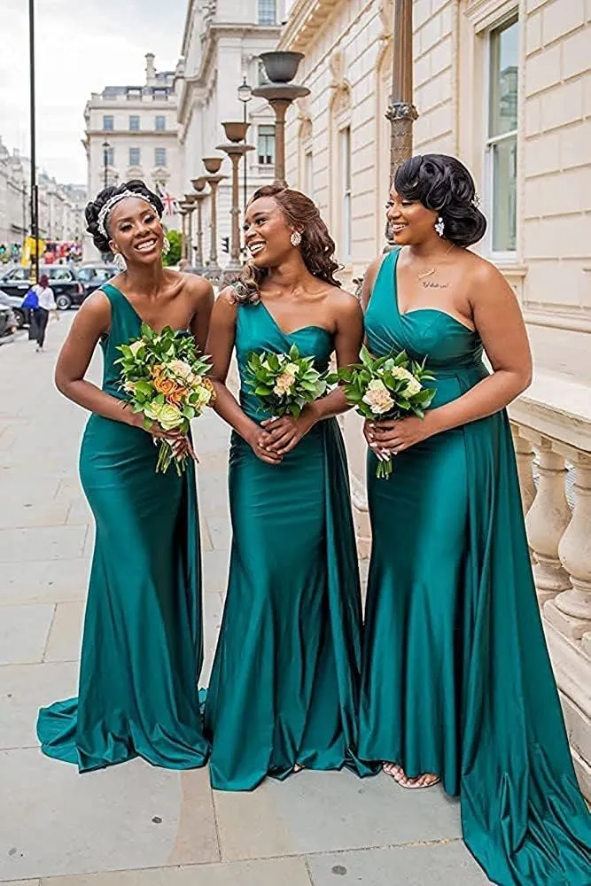 XYAYE Women's One Shoulder Mermaid Bridesmaid Dresses Satin Prom Dress Long Formal Evening Gowns with Train XY030