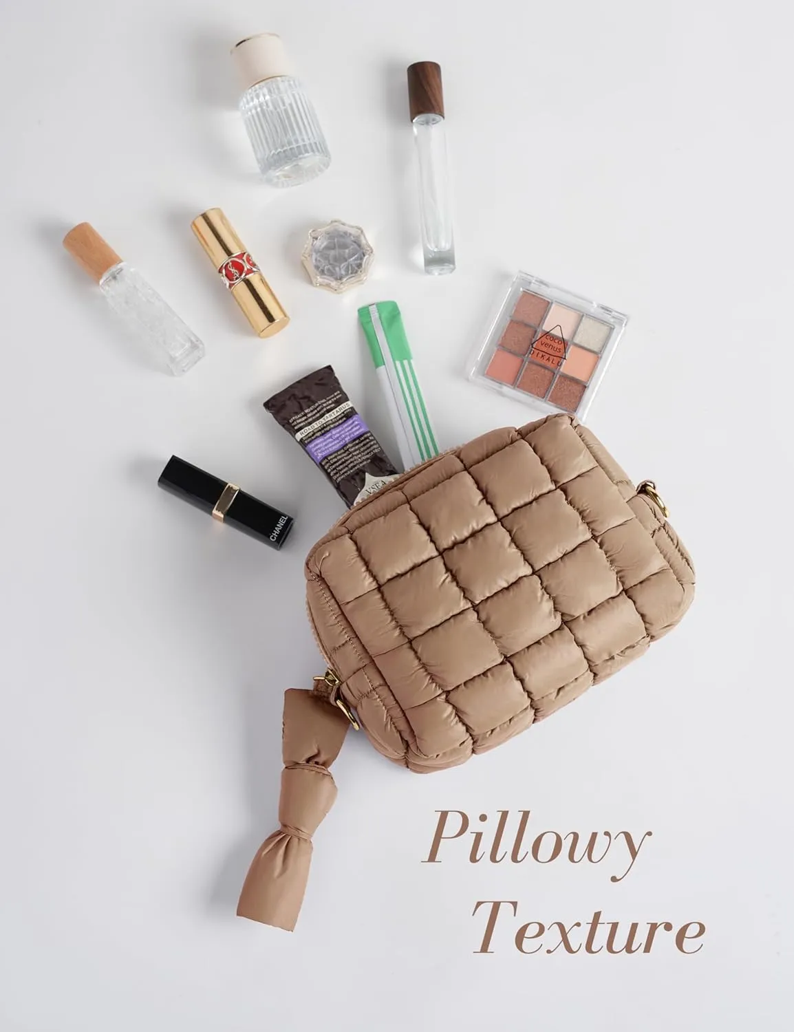 Yarnic Quilted Makeup Bag Puffy Cosmetic Bag, Travel Toiletry Bag for Women, Cute Makeup Bag Organizer Puffer Makeup Pouch (S, Caramel)