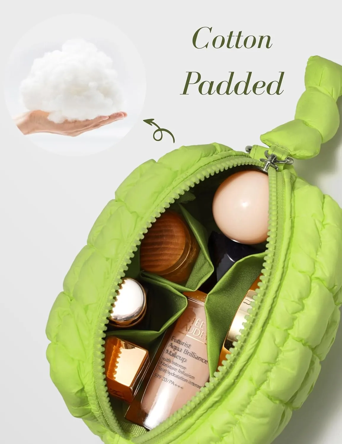 Yarnic Quilted Makeup Bag Quilt Cosmetic Bag, Puffy Travel Toiletry Bag for Women, Cute Makeup Bag Organizer Puffer Soft Makeup Pouch (Apple Green, S)