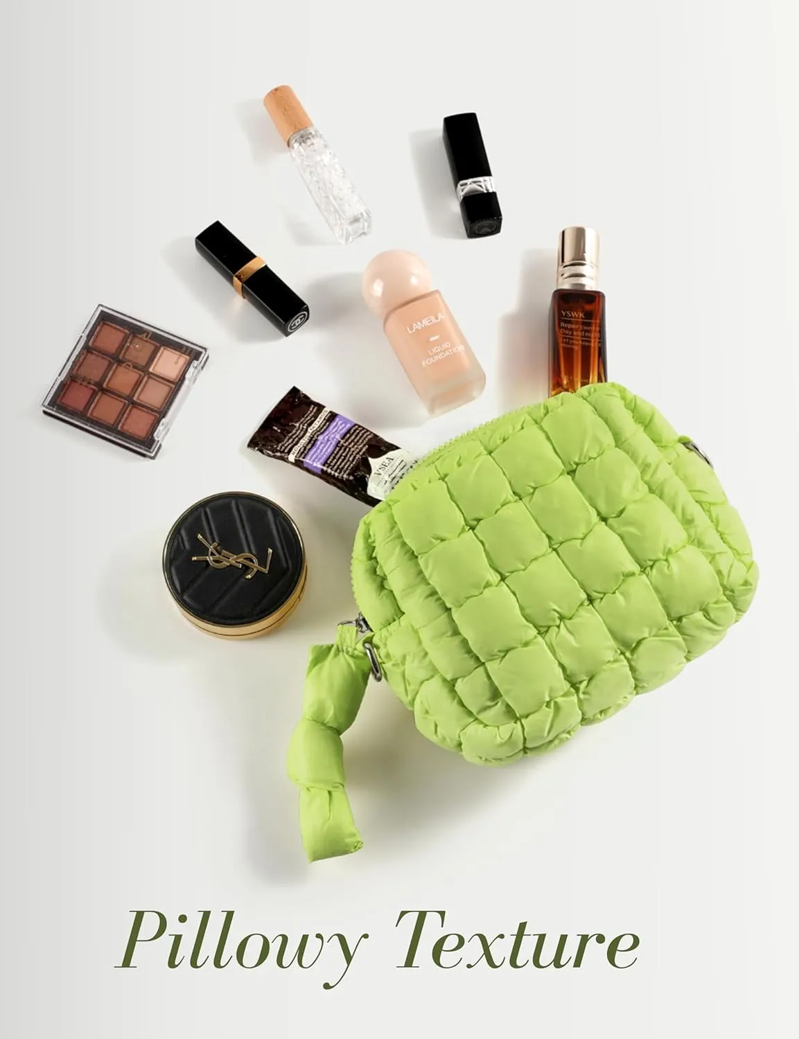 Yarnic Quilted Makeup Bag Quilt Cosmetic Bag, Puffy Travel Toiletry Bag for Women, Cute Makeup Bag Organizer Puffer Soft Makeup Pouch (Apple Green, S)