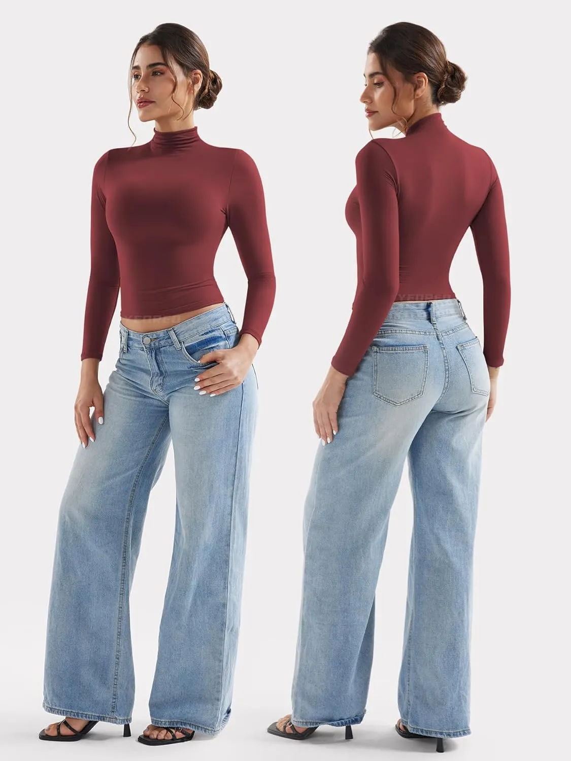 YEOREO Long Sleeve Workout Crop Mock Thermal Turtle Neck Double Lined Base Tops Shirts Women Sariah Y2k Undershirt