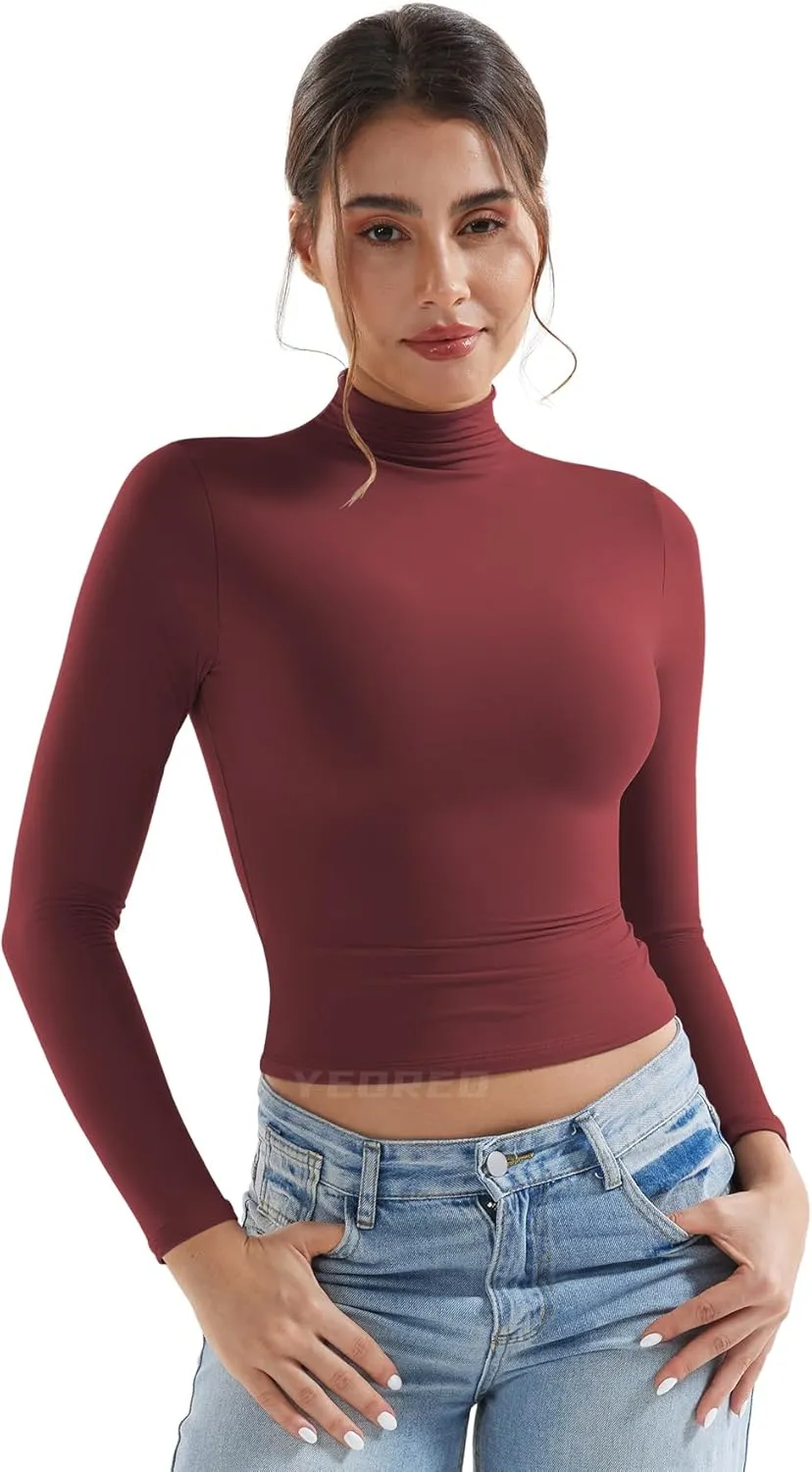 YEOREO Long Sleeve Workout Crop Mock Thermal Turtle Neck Double Lined Base Tops Shirts Women Sariah Y2k Undershirt