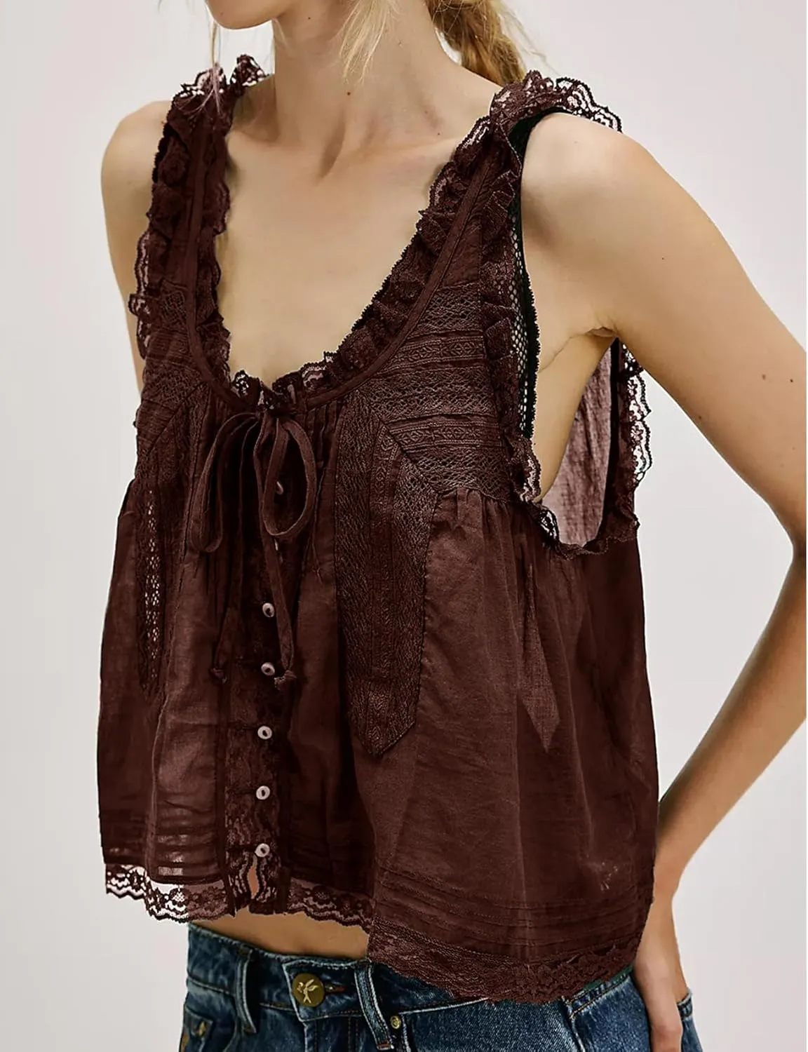 Yimoon Women Lace Trim Tank Tops Front Tie Button Front Crop Vest Y2K Going Out Tops Cute Summer Cami Sleeveless Shirt