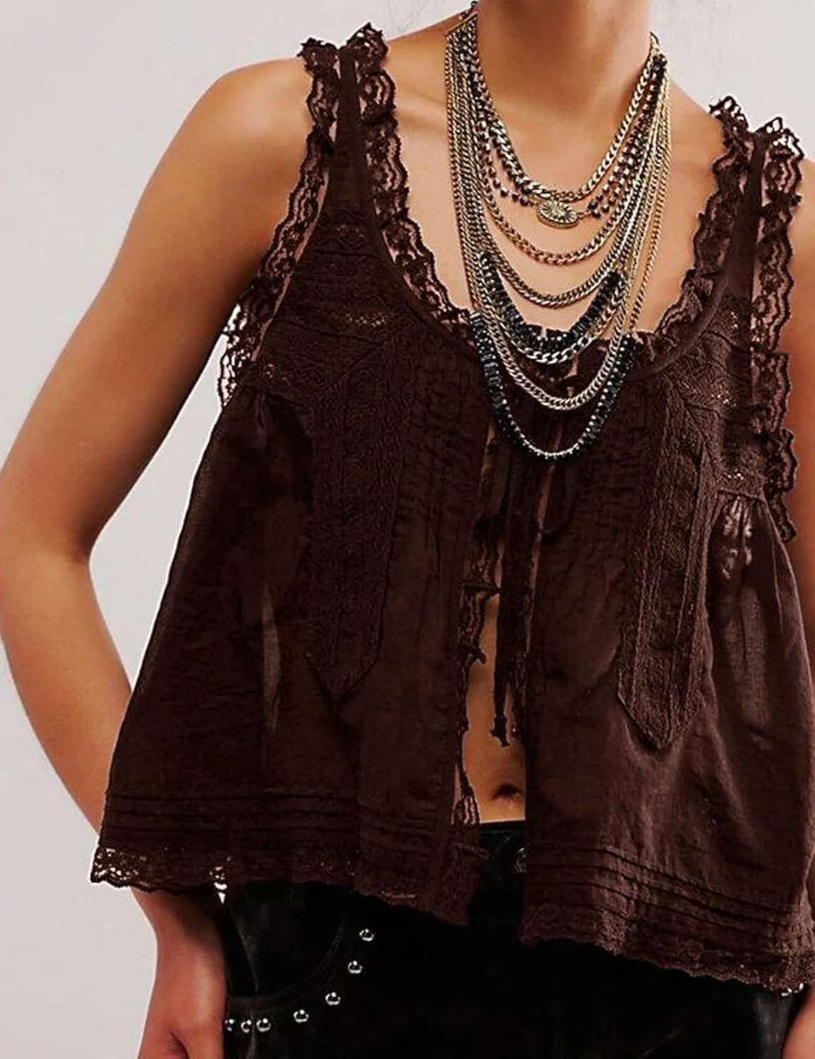 Yimoon Women Lace Trim Tank Tops Front Tie Button Front Crop Vest Y2K Going Out Tops Cute Summer Cami Sleeveless Shirt