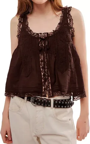 Yimoon Women Lace Trim Tank Tops Front Tie Button Front Crop Vest Y2K Going Out Tops Cute Summer Cami Sleeveless Shirt