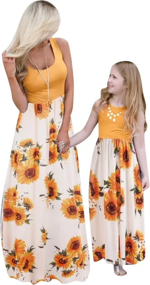 YMING Mommy and Daughter Matching Dresses Parent Child Sleeveless Outfits Floral Printed Dress