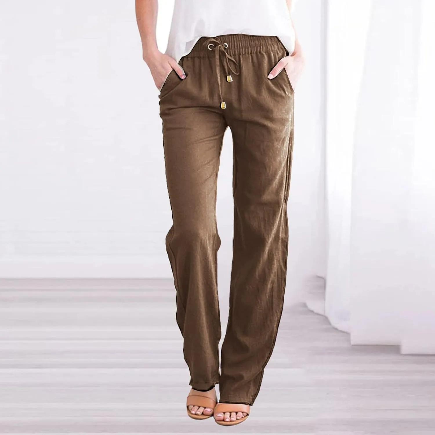 YRAETENM Linen Pants Women Summer Casual Comfy Cotton Linen Pants Drawstring Elastic Loose Fit Wide Leg Trousers with Pockets