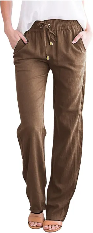 YRAETENM Linen Pants Women Summer Casual Comfy Cotton Linen Pants Drawstring Elastic Loose Fit Wide Leg Trousers with Pockets