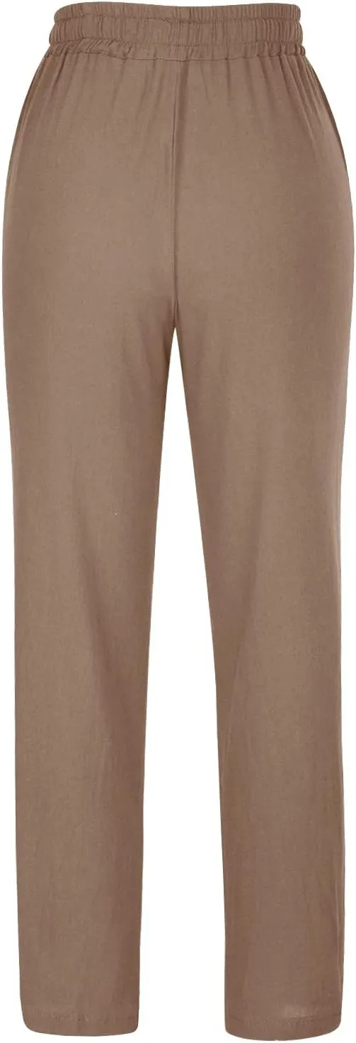 YRAETENM Linen Pants Women Summer Casual Comfy Cotton Linen Pants Drawstring Elastic Loose Fit Wide Leg Trousers with Pockets
