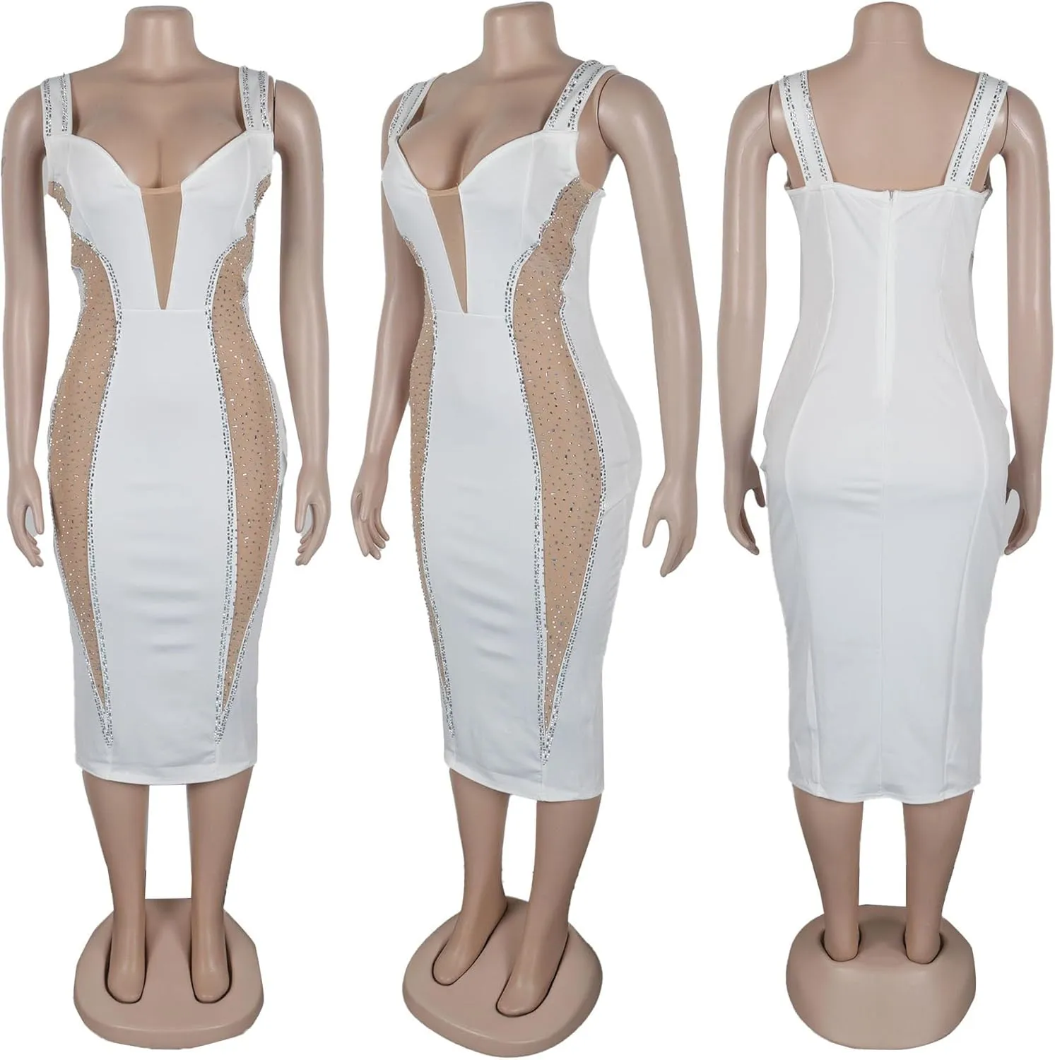 Yuopeid Womens Sexy Elegant Sleeveless Dresses Sparkly Rhinestone Mesh See Through Prom Birthday Party Club Night Midi Dress