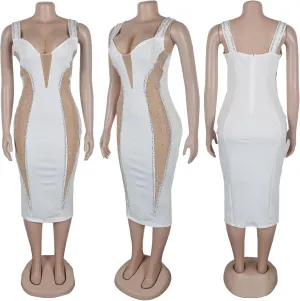 Yuopeid Womens Sexy Elegant Sleeveless Dresses Sparkly Rhinestone Mesh See Through Prom Birthday Party Club Night Midi Dress