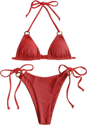 ZAFUL Women's Halter Triangle Bikini Ribbed String Smocked Swimwear Cheeky Thong Swimsuit High Cut Bikini Set