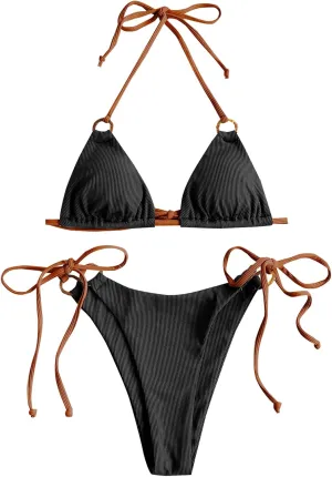 ZAFUL Women's Halter Triangle Bikini Ribbed String Smocked Swimwear Cheeky Thong Swimsuit High Cut Bikini Set