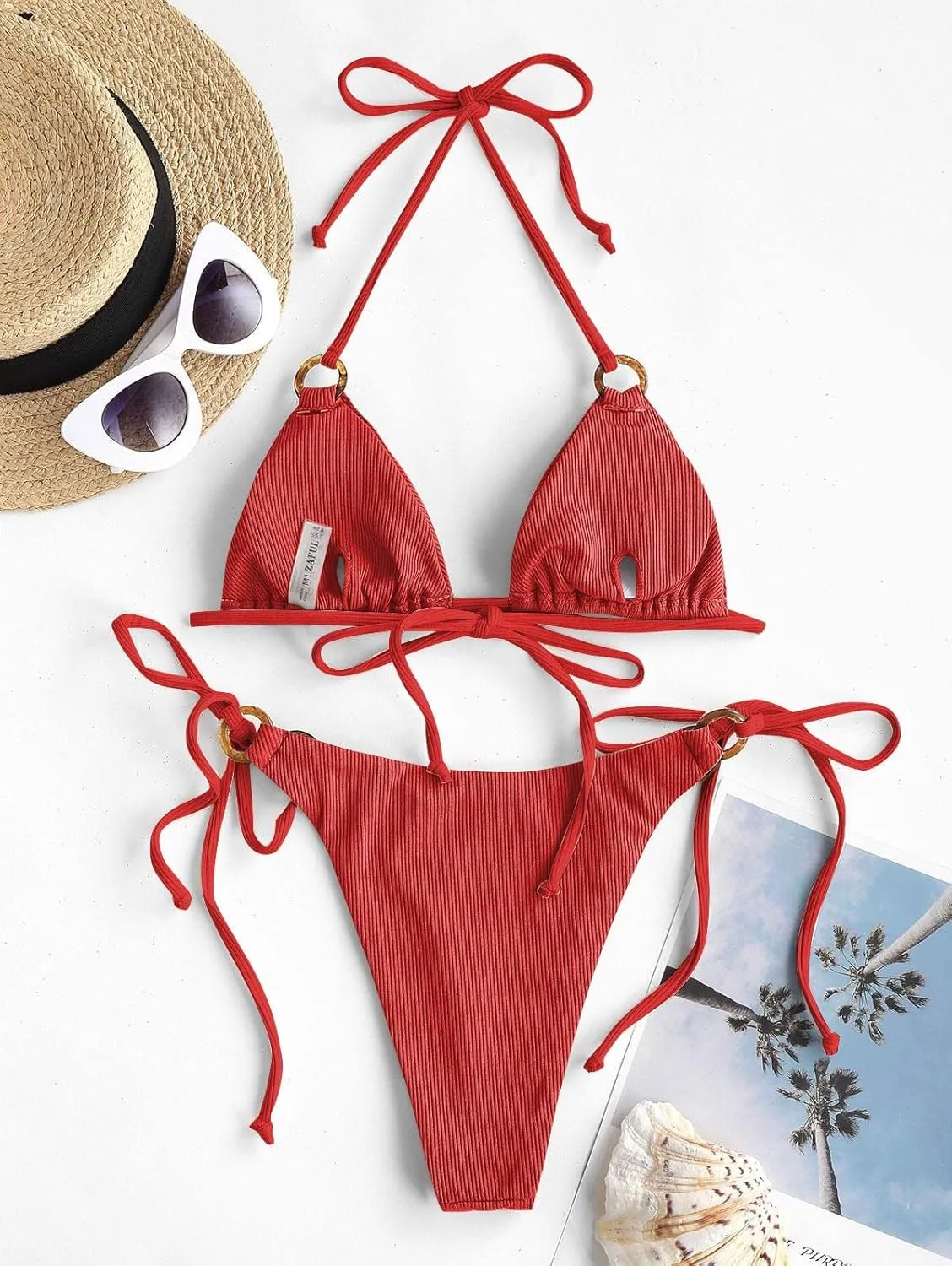 ZAFUL Women's Halter Triangle Bikini Ribbed String Smocked Swimwear Cheeky Thong Swimsuit High Cut Bikini Set