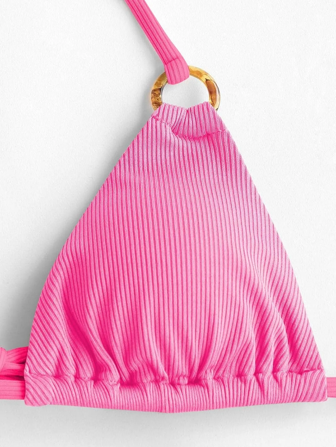 ZAFUL Women's Halter Triangle Bikini Ribbed String Smocked Swimwear Cheeky Thong Swimsuit High Cut Bikini Set