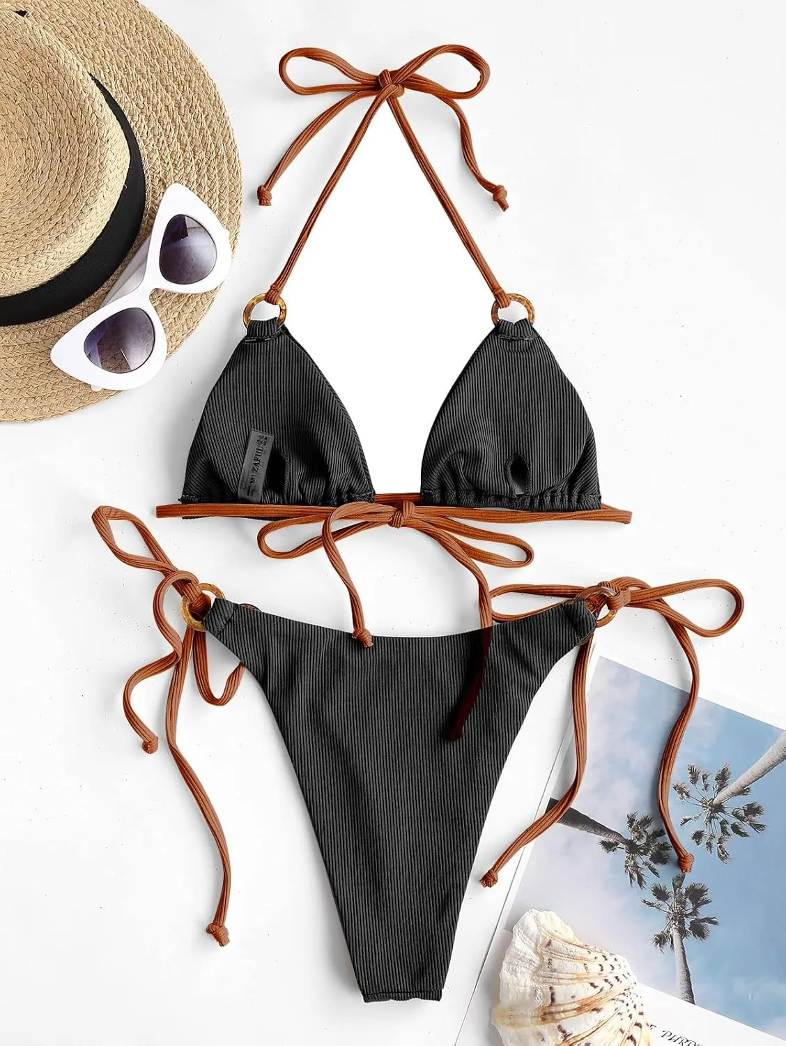 ZAFUL Women's Halter Triangle Bikini Ribbed String Smocked Swimwear Cheeky Thong Swimsuit High Cut Bikini Set