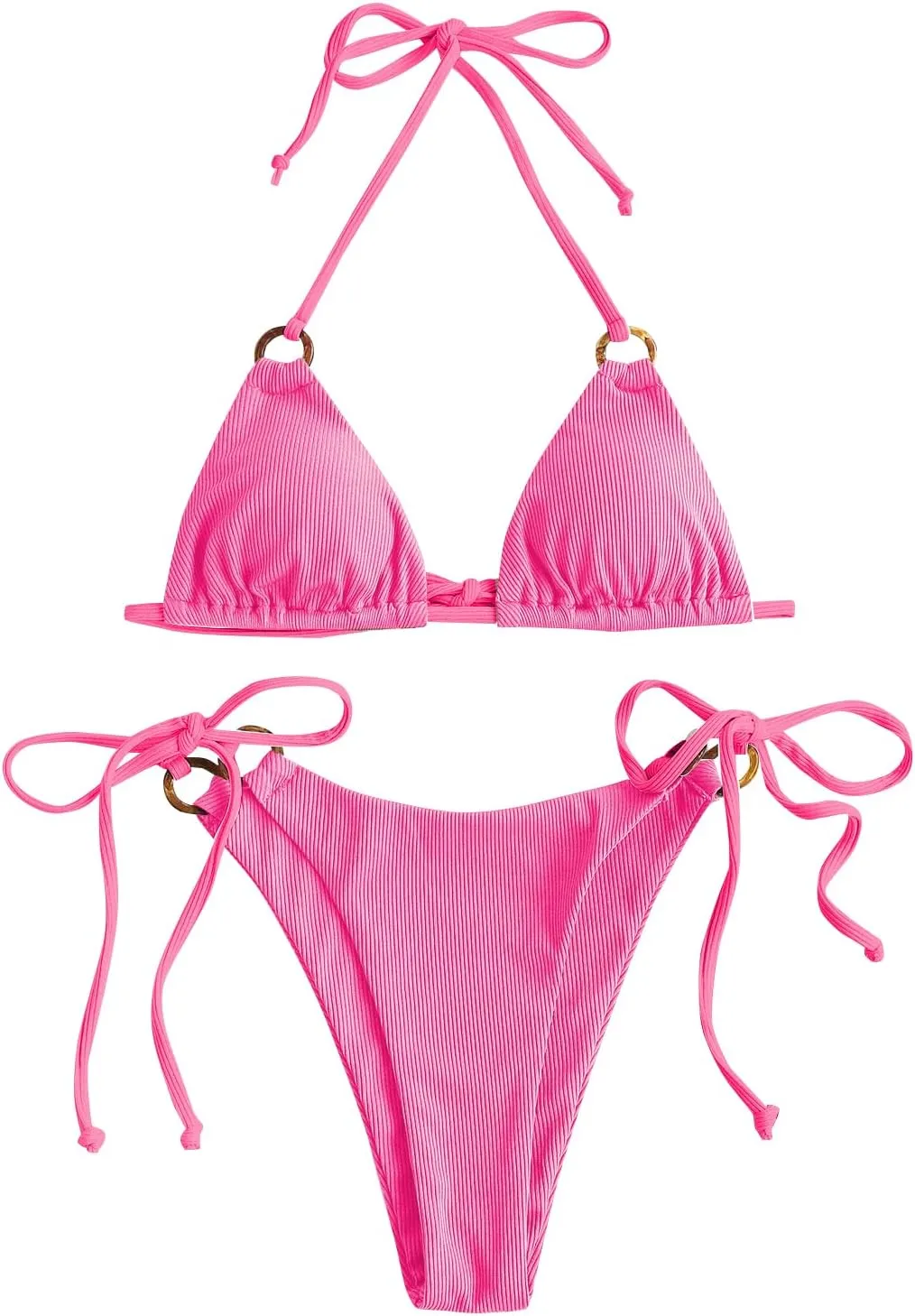 ZAFUL Women's Halter Triangle Bikini Ribbed String Smocked Swimwear Cheeky Thong Swimsuit High Cut Bikini Set