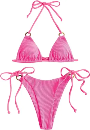 ZAFUL Women's Halter Triangle Bikini Ribbed String Smocked Swimwear Cheeky Thong Swimsuit High Cut Bikini Set