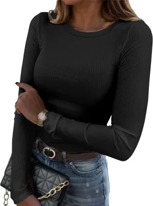Zeagoo Womens Long Sleeve Stretch Crewneck Ribbed T-Shirt Slim Fit Casual Basic Tops S-XXL