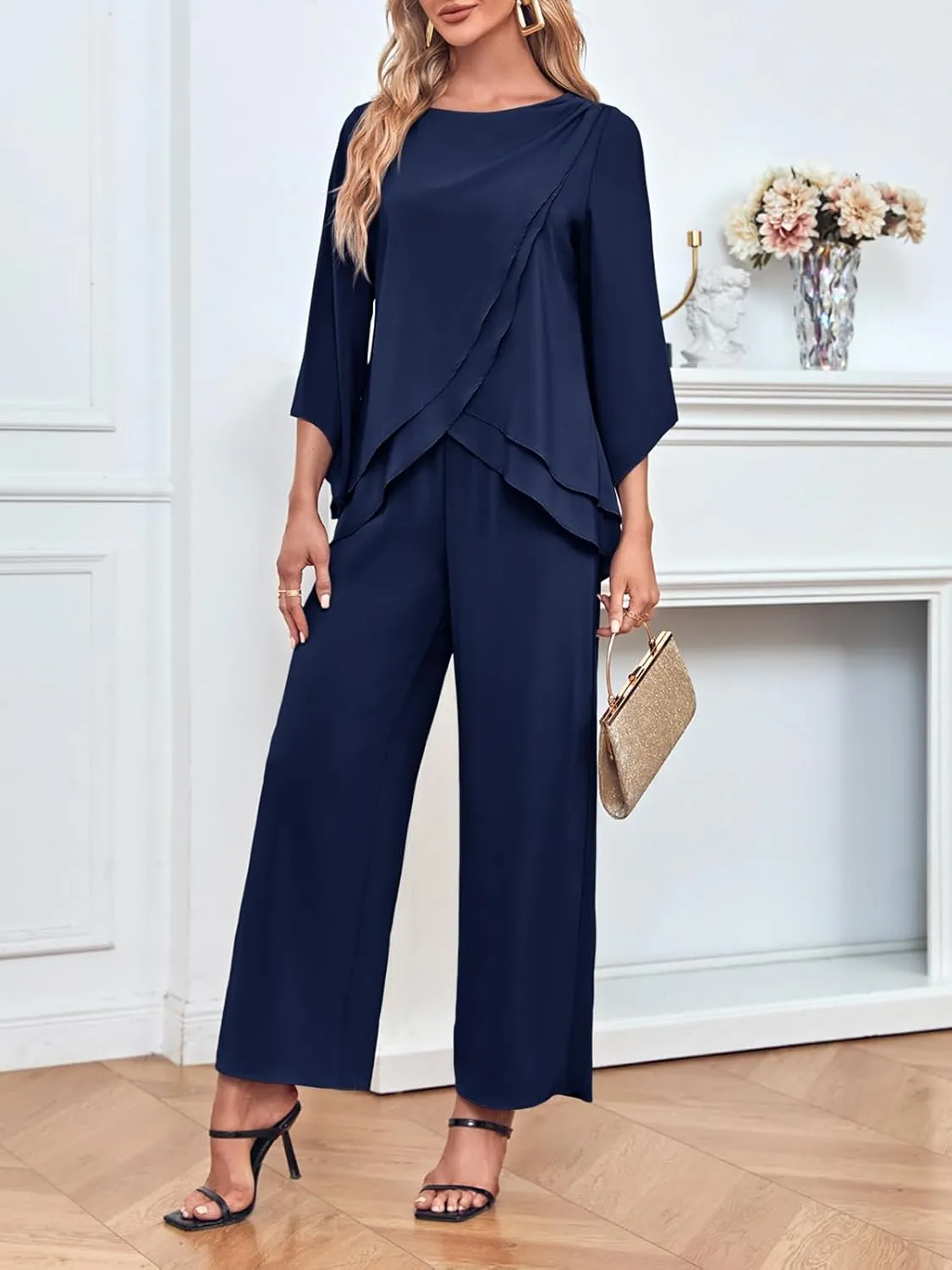 Zongqiven Women's Chiffon 2 Pcs Mother of the Bride Pant Suits Asymmetrical Hem Tops and Pants Wedding Party Prom Outfit