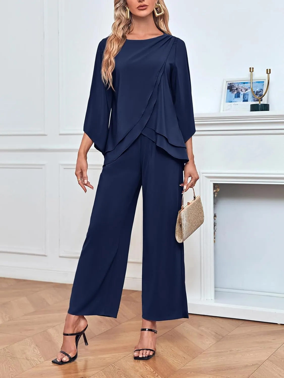 Zongqiven Women's Chiffon 2 Pcs Mother of the Bride Pant Suits Asymmetrical Hem Tops and Pants Wedding Party Prom Outfit
