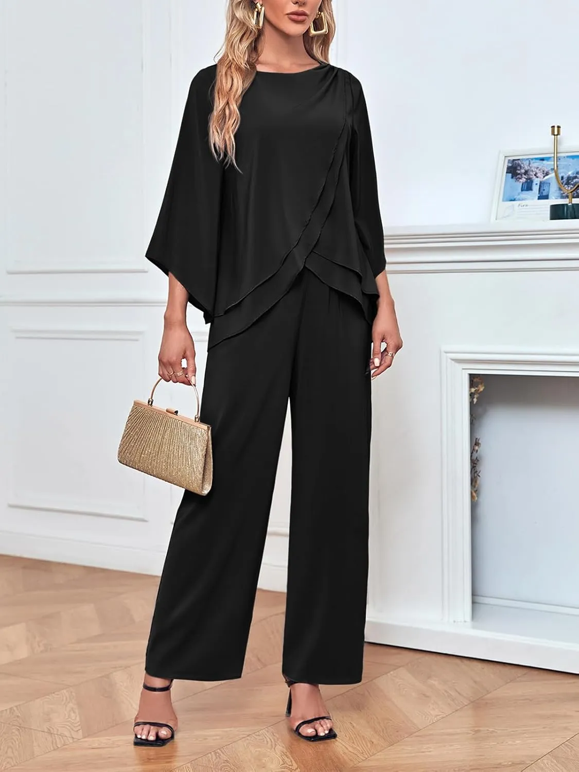 Zongqiven Women's Chiffon 2 Pcs Mother of the Bride Pant Suits Asymmetrical Hem Tops and Pants Wedding Party Prom Outfit
