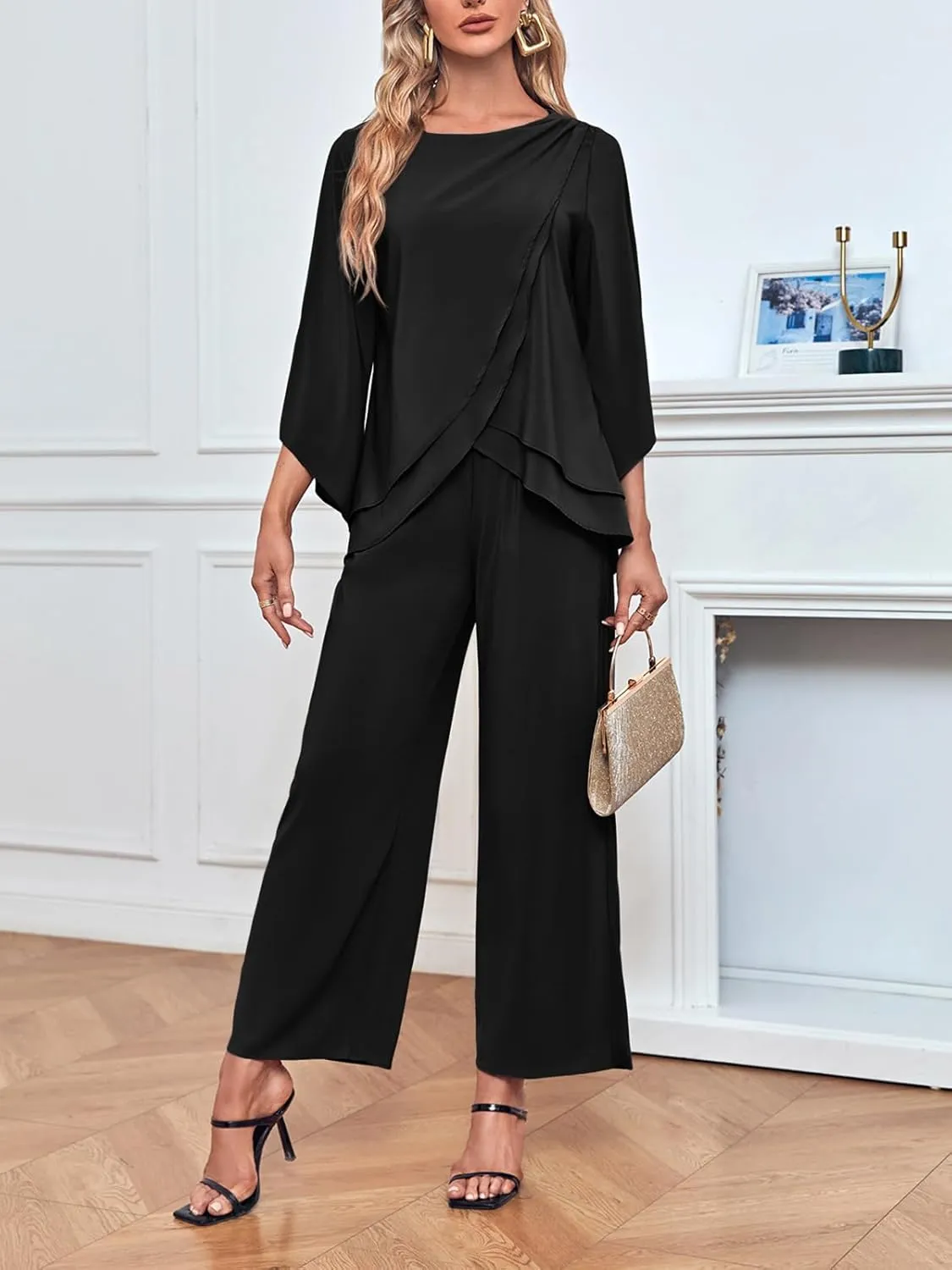 Zongqiven Women's Chiffon 2 Pcs Mother of the Bride Pant Suits Asymmetrical Hem Tops and Pants Wedding Party Prom Outfit