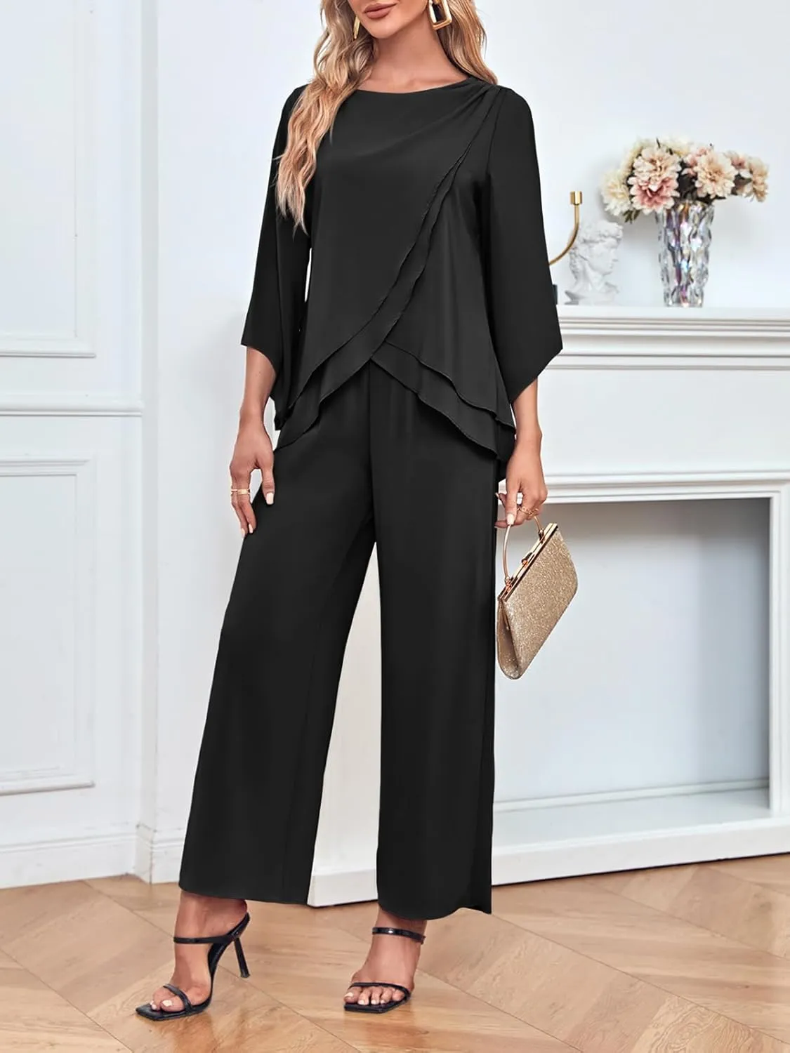 Zongqiven Women's Chiffon 2 Pcs Mother of the Bride Pant Suits Asymmetrical Hem Tops and Pants Wedding Party Prom Outfit