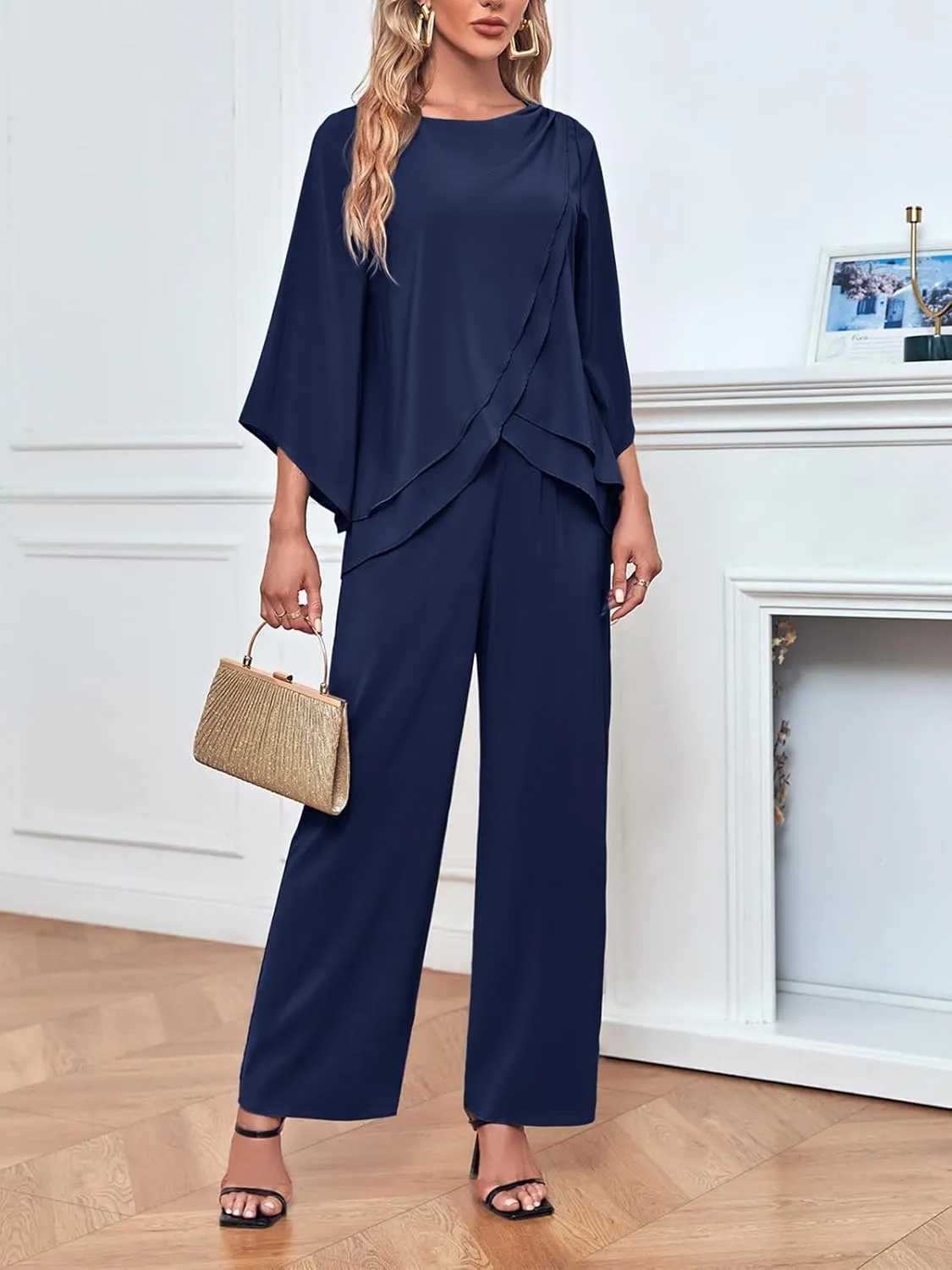 Zongqiven Women's Chiffon 2 Pcs Mother of the Bride Pant Suits Asymmetrical Hem Tops and Pants Wedding Party Prom Outfit