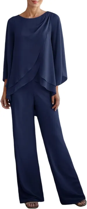 Zongqiven Women's Chiffon 2 Pcs Mother of the Bride Pant Suits Asymmetrical Hem Tops and Pants Wedding Party Prom Outfit