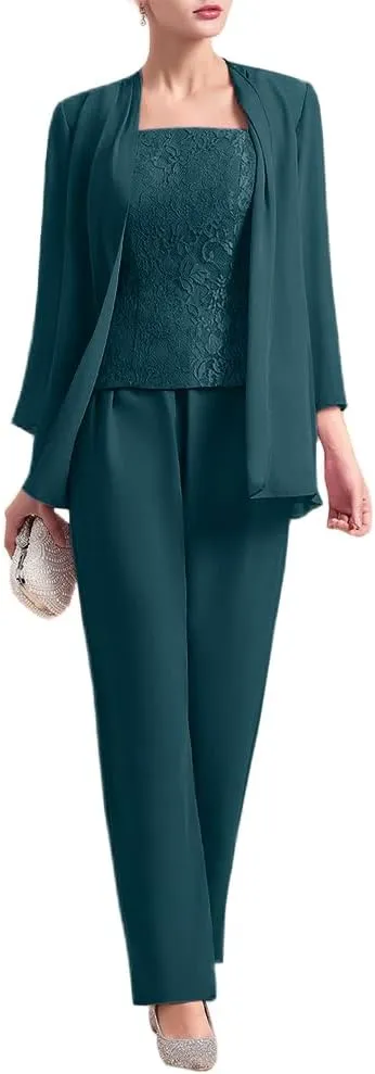Zongqiven Women's Chiffon 3 Pcs Pants Suits Lace Mother of Bride Dress Sets Wedding Guest Formal Evening